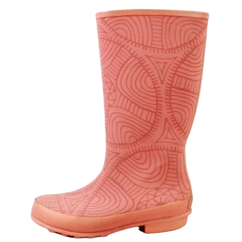 LL Bean Wellie Orange Print Pull-On Rubber Tall Rain Boots Size 8 M